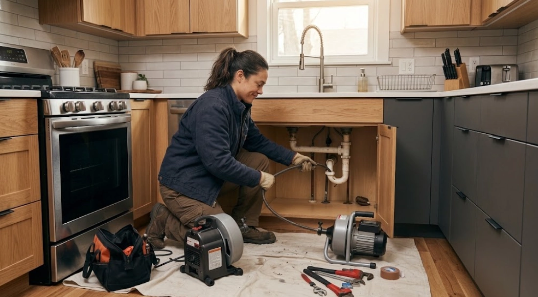 Plumbing technician utilizing professional drain cleaning equipment to clear kitchen sink drain pipes