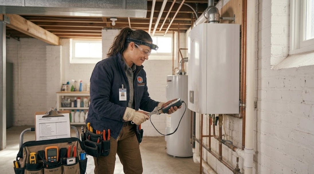 Modern residential boiler heating system with hydronic piping, circulator pumps, and pressure valves