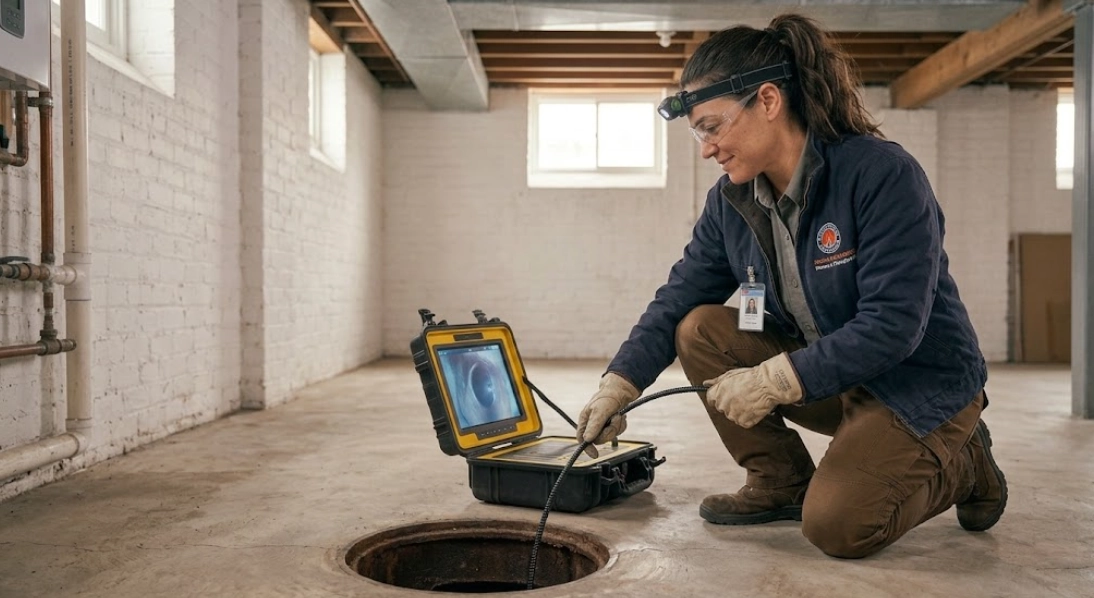 Plumbing specialist performing high-definition video sewer camera inspection inside main drain line
