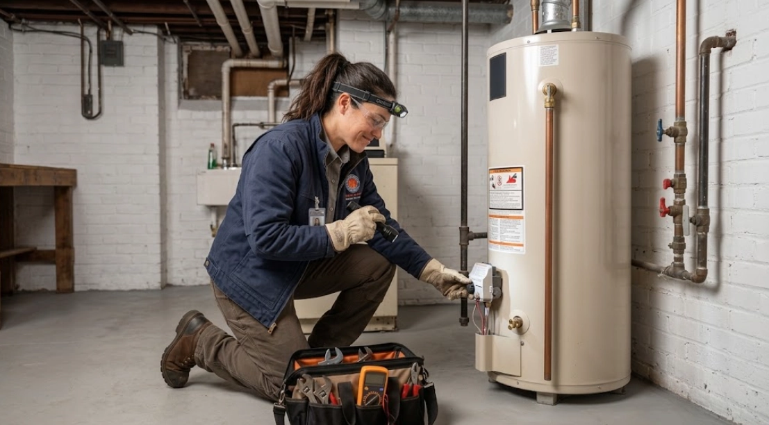 Plumbing technician testing temperature and pressure relief valve and gas lines on a water heater